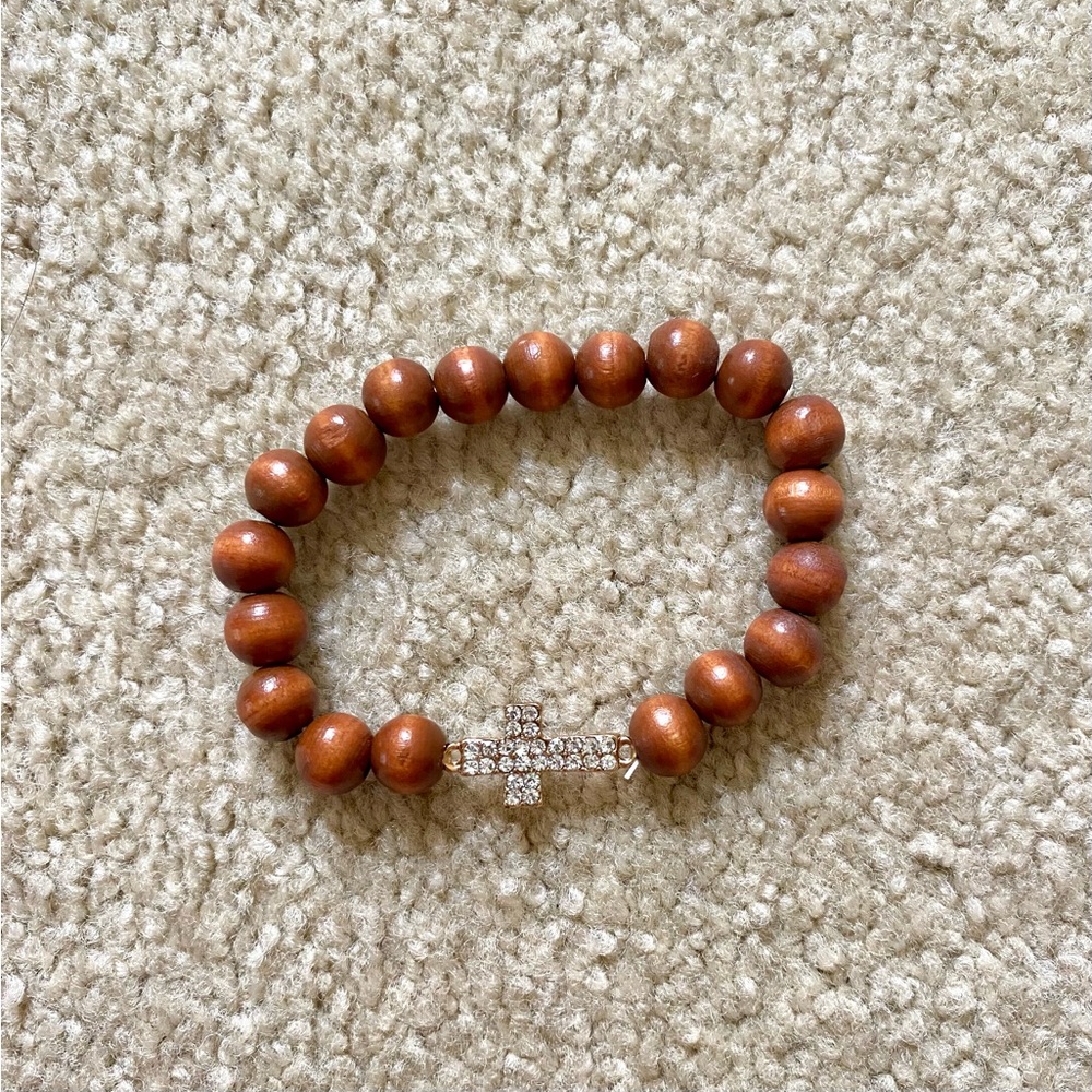 Christian Rhinestone Studded Cross Wooden Beaded Bracelet